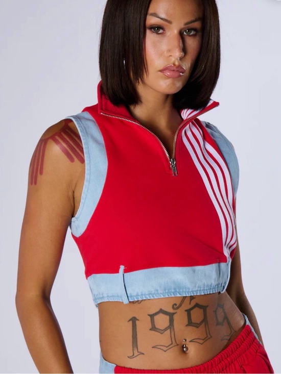 AKIRA Tops - AKIRA Red Crop Tank with Light Blue Trim and Stripe Detail